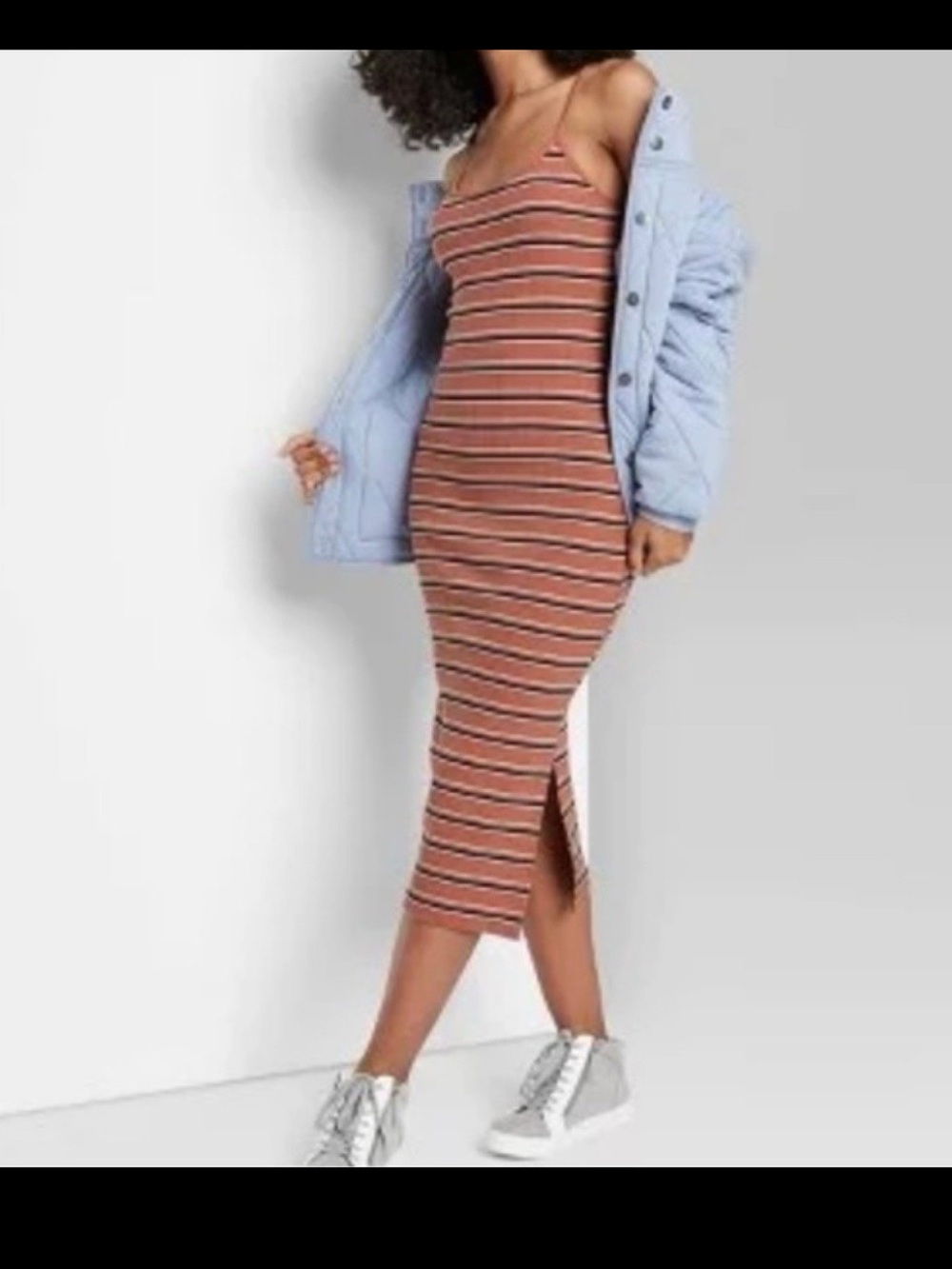 wild fable 🩷🤍 Blush and Cream Striped Ribbed Tank Midi dress NWT